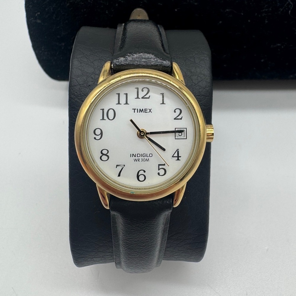 Timex Indiglo WR 30M Gold Tone White Dial Black Leather Watch CR 1216 needs bat